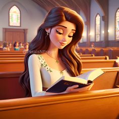a cartoon girl reading a book in a church