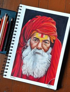 a drawing of an old man with white beard and red turban
