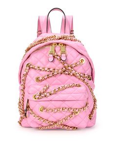 Chains Quilted Leather Backpack, Pink by Moschino at Neiman Marcus. Backpack Pouch, Backpacks Pink, Pink Purses, Moschino Backpack, Quilted Pouch, Moschino Bag, Pink Chain, Handbags Pink, Moschino Bags