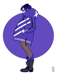 a drawing of a man with a backpack on his back standing in front of a purple circle