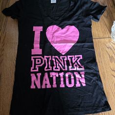 Nwt!!! Victoria's Secret Tee- Black With Bubble Gum Pink Screen Print, Cap Sleeves, V-Neck- Size Large Vs Pink, Pink Nation, Pink Letter, Heart Pink, Black Hot Pink, Pink Tee, Pink Shirt, V Neck Tee, Victoria's Secret Pink