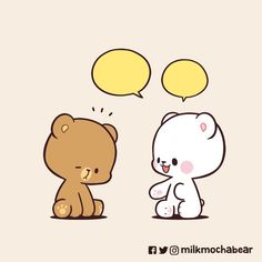 two brown and white teddy bears sitting next to each other with speech bubbles above them