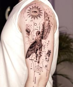 a man with a tattoo on his arm has a bird and geometrical design in the background