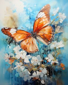 a painting of a butterfly flying over flowers in blue water with drops of paint on it