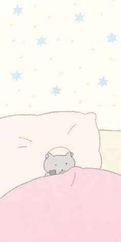 a cat sleeping on top of a pink bed with stars in the sky behind it