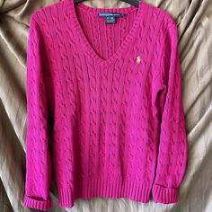 Nwot Hot Pink, The Hottest Color Of The Year! V-Neck Cable Sweater Will Make You Stand Out In The Crowd. 100% Cotton Sweaters Ralph Lauren, Ralph Lauren Jumper, Ralph Lauren Sport, Cable Sweater, Ralph Lauren Sweaters, Ralph Lauren Sweater, Winter Clothes, Color Of The Year, Sweater Sizes