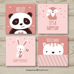 four cards with cute animals on them, one is pink and the other has white