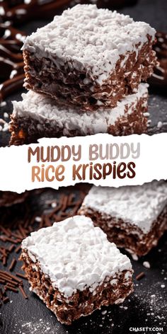 muddy buddy rice krispies are stacked on top of each other