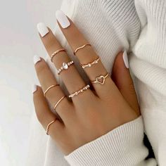 Super Trendy And Dainty! Mix And Match These Rings With Any Look! 9 Pieces Set With Crystal Rhinestone Accents. Rose Gold Tone Over Hypoallergenic Alloy Metal. Will Not Rust. Number Rings, Luxury Lady, Gold Finger Rings, Gifts 2023, Ring Luxury, Gold Rings Stackable, Adjustable Jewelry, Punk Jewelry, Style Punk