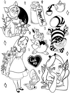 an adult coloring page with cartoon characters