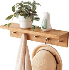 a hat and umbrella hang on a wooden shelf with plants in the backgroud