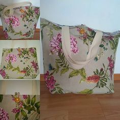 three pictures of the same bag with different flowers on it, and one has a zippered closure