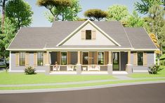 this is a computer rendering of a small house with porches and covered front porch