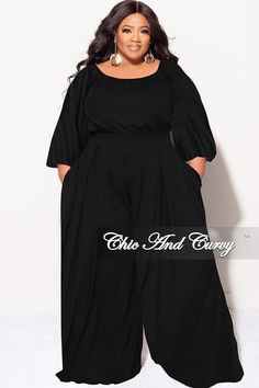 Polyester %: 95 Spandex %: 5 Model is wearing 1x Black Flared Pants Outfit, Crop Top And Palazzo Pants, Puffy Sleeve Crop Top, Top And Palazzo Pants, Crop Top And Palazzo, Black Casual Outfits, Casual Outfits Plus Size, Palazzo Pants Plus Size, Flared Pants Outfit