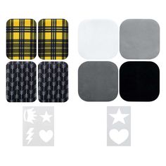 four pieces of black and yellow plaid fabric with white stars on the bottom, one in grey