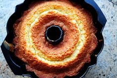 a bundt cake in a black pan on a table