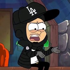 a cartoon character wearing a black hat and jacket