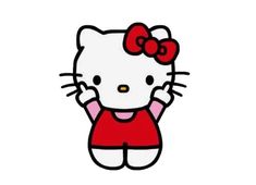 a hello kitty with a red shirt and bow on it's head, standing in front of a white background