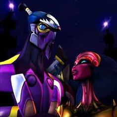 two animated characters standing next to each other in front of a dark background with stars
