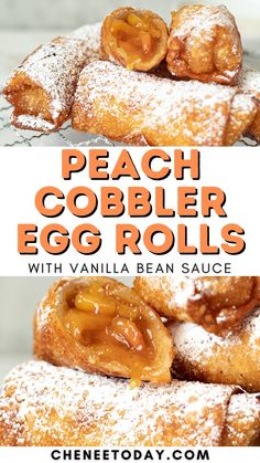 peach cobbler egg rolls with vanilla bean sauce are an easy dessert recipe for the whole family