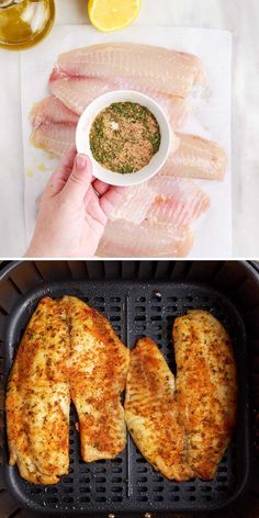 two pictures with different types of food in the same pan and one has chicken on it