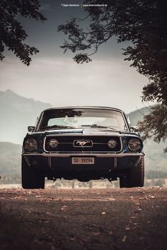 an old mustang car is parked in the dirt