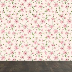 a wallpaper with pink flowers and green leaves on a light pink background in an empty room