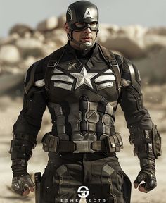 captain america the winter soldier is standing in front of a desert landscape with his hands on his hips