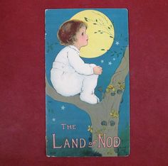 A wonderful antique children's book entitled, 'The Land Of Nod', verses by Margaret Evans Price (1888-1973), and published in 1916 by Stecher Litho Company, Rochester, New York. The absolutely charming illustrations were drawn by artist Margaret Evans Price, many full page and in color, as well as line drawings in red and blue ink. This is a mystical tale of a fairy land that children while they are sleeping. This is an oversized book made of heavy card stock wrappers, which feature Price's illustration of a child sitting in a tree. The pages are bound with staples and the overall condition is good, although there is wear to the spine edge. Measurements: 7 3/4" x 13 3/4". A delightful antique children's book by a prolific children's book illustrator and one of the founders of Fischer Price Sitting In A Tree, The Land Of Nod, Rochester New York, Land Of Nod, Children's Literature, Fairy Land, Blue Ink, Vintage Books, The Land