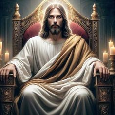 jesus sitting on a throne with candles in front of him and the light coming through his eyes