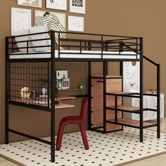 a bunk bed with a desk underneath it and pictures on the wall in the background
