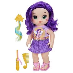 Baby Alive loves My Little Pony! Baby Alive My Little Pony Baby doll is specially themed to look like Princess Pipp Petals. In fact, this 12-inch doll’s hair and Baby Alive clothes and accessories feature vibrant colors and details inspired by her! This doll for 3 year old girls and boys and up includes removable Baby Alive doll clothes, like a themed dress featuring Princess Pipp Petals and gladiator sandals. Plus, she comes with hairstyling doll accessories, like a colorful hair extension clip Kawaii, Long Purple Hair, Pipp Petals, Baby Alive Doll Clothes, Colored Hair Extensions, Carport Designs, Barbie Doll Accessories, Baby Doll Accessories, Baby Alive Dolls