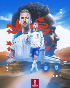 an image of two soccer players on a blue and white background with the words england