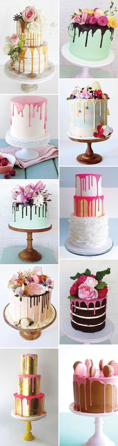 there are many different types of cakes on the table and one is decorated with flowers