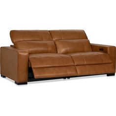 a brown leather reclining sofa with black legs