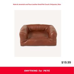 a brown dog bed sitting on top of a red and white poster with the words, no