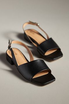 Leather upper, insole Rubber sole Buckle styling Imported | Asymmetrical Slingback Heels by Maeve in Black, Women's, Size: 37, Leather/Rubber at Anthropologie Black Leather Sandals Women, Classy Comfortable Shoes, Business Casual Shoes Women Summer, Everyday Heels Casual, Trendy Shoes For Women Sandals, Womens Business Casual Shoes, Summer Sandals 2024, Business Casual Shoes For Women, Cute Work Shoes