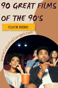 a man and woman sitting next to each other in front of a movie screen with the words, 90 great films of the'90's click here