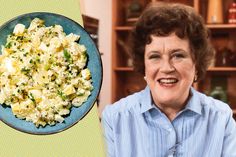 an older woman is smiling next to a plate of potato salad on the television set