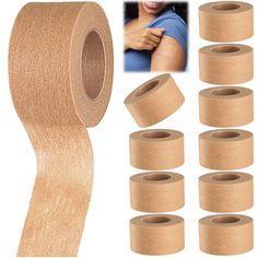 several rolls of brown cloth tape next to an image of a woman's arm