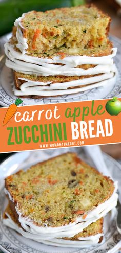 two slices of carrot apple zucchini bread stacked on top of each other with the title overlay