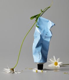 a vase with flowers in it sitting on a table next to a blue wrapper