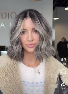 Ash Blonde To Blend Gray, Best Hair Color For Brunettes Going Grey, How To Cover White Hair With Highlights, Grey Hair On Brown Hair, Gray Shadow Root, Ash Blonde Hair For Brunettes, Gray Lob Hairstyles, Grey Balayage Hair Brunette, Grey Moneypiece Hair