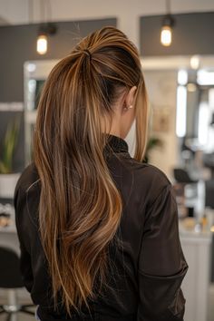 Balayage, Highlights In A Ponytail, Dark Brown Hair With Golden Highlights, Sunkissed Balayage Brunettes, Brown Hair With Highlights Blonde, Sunkissed Brunette Hair, Brunette Blonde Highlights, Brunette Hair Ideas, Sunkissed Brunette