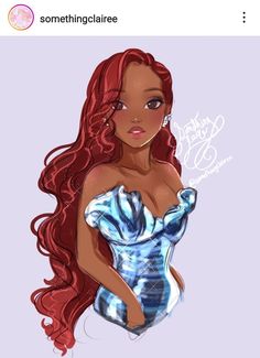 a drawing of a woman with long red hair wearing a blue and white corset