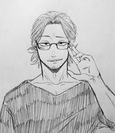 a drawing of a man with glasses holding his hand up to his ear and looking at the camera