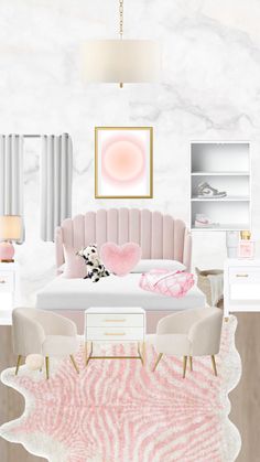the interior of a bedroom with pink and white decor