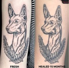 two tattoos with dogs on their arms and the same tattoo is shown in black and white