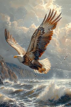 an eagle flying over the ocean on a stormy day with birds in the sky above it