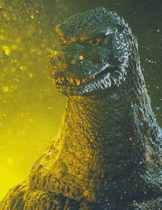 an image of godzilla in the rain with water droplets on his face and mouth,